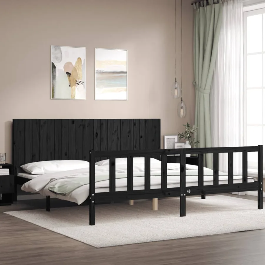 Cadre de lit sans matelas noir 200x200 cm bois massif de pin - 3