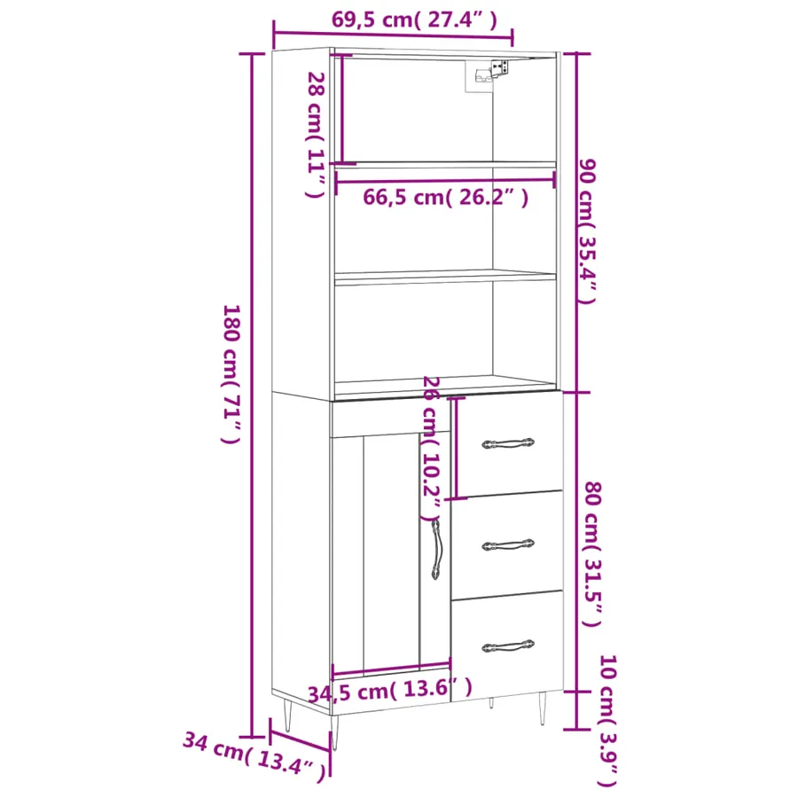 Buffet haut Blanc 69,5x34x180 cm Bois d'ingénierie - 14