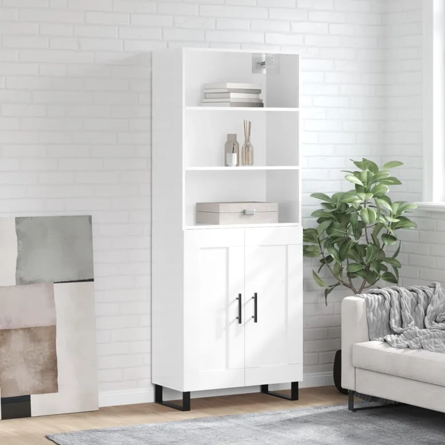 Buffet haut Blanc brillant 69,5x34x180 cm Bois d'ingénierie