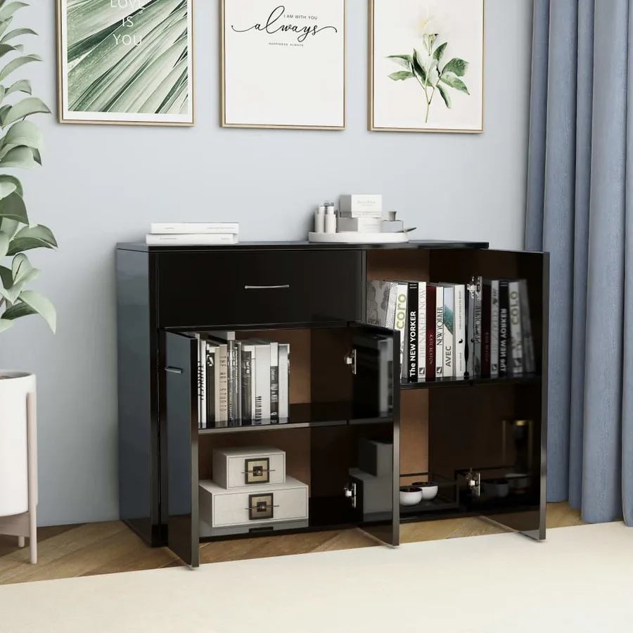 Buffet noir brillant 88x30x70 cm bois d'ingénierie - 3