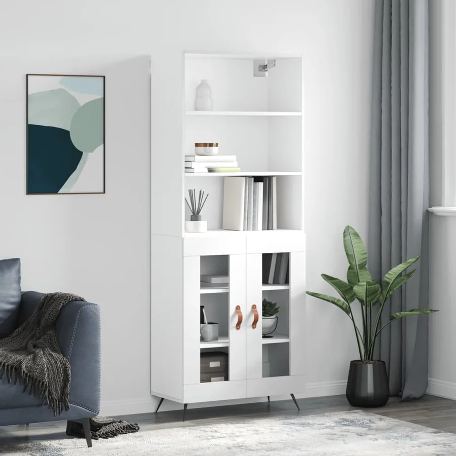 Buffet haut Blanc brillant 69,5x34x180 cm Bois d'ingénierie