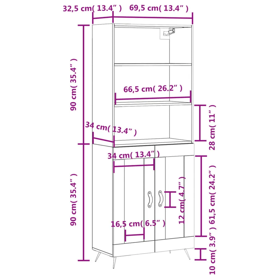 Buffet haut Blanc brillant 69,5x34x180 cm Bois d'ingénierie - 13