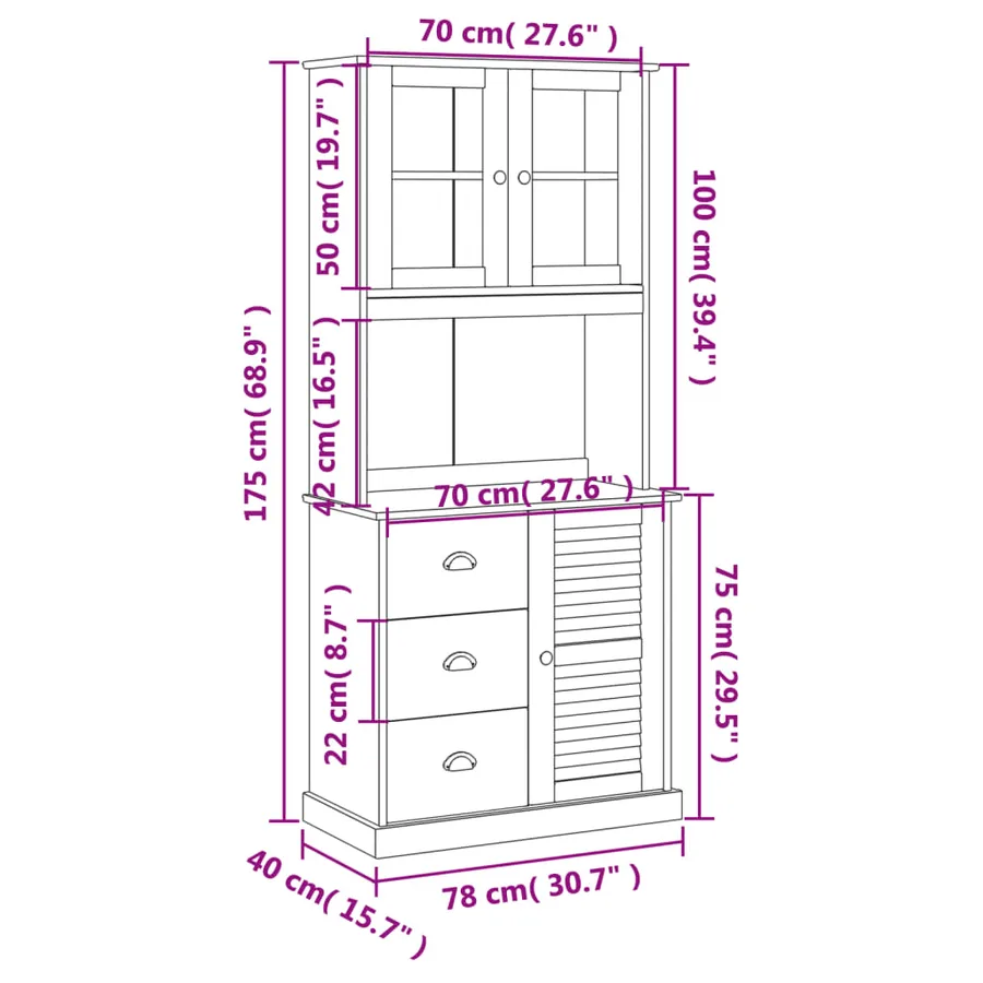 Buffet haut VIGO 78x40x175 cm bois massif de pin - 12