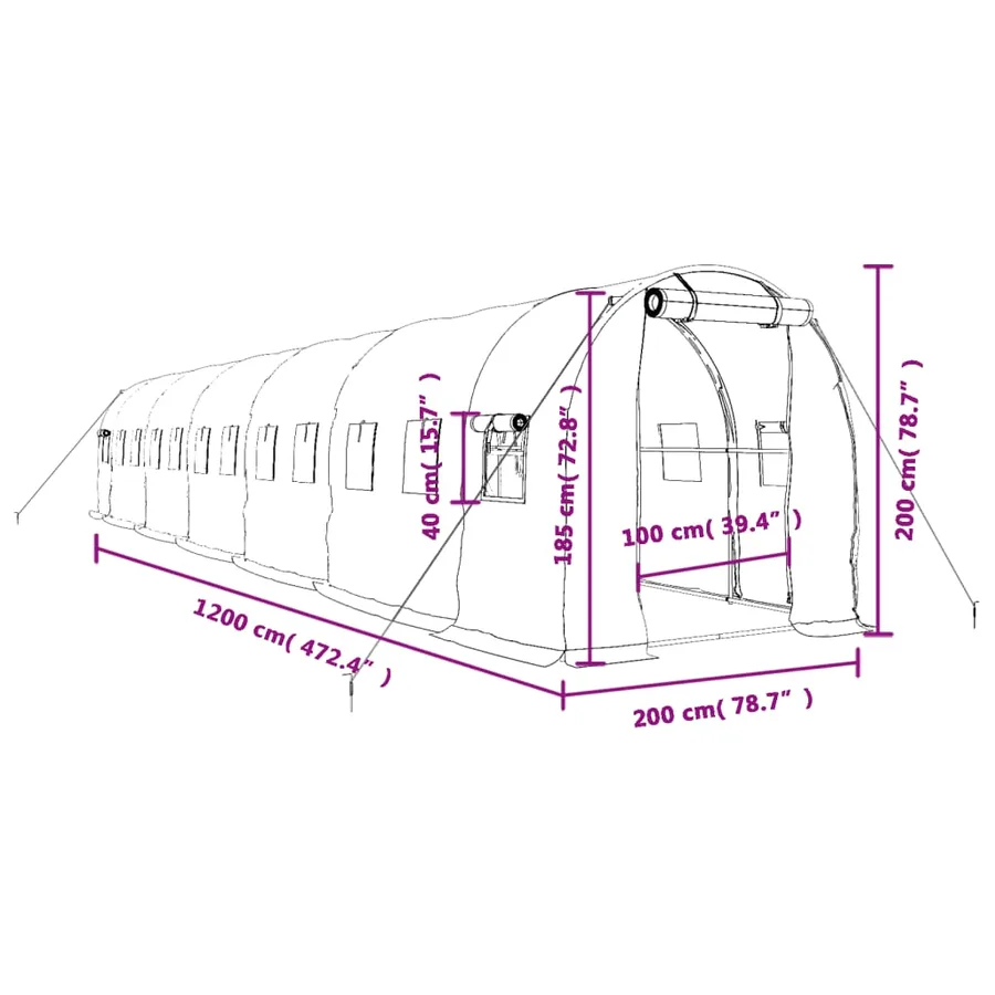 Serre avec cadre en acier vert 24 m² 12x2x2 m - 12