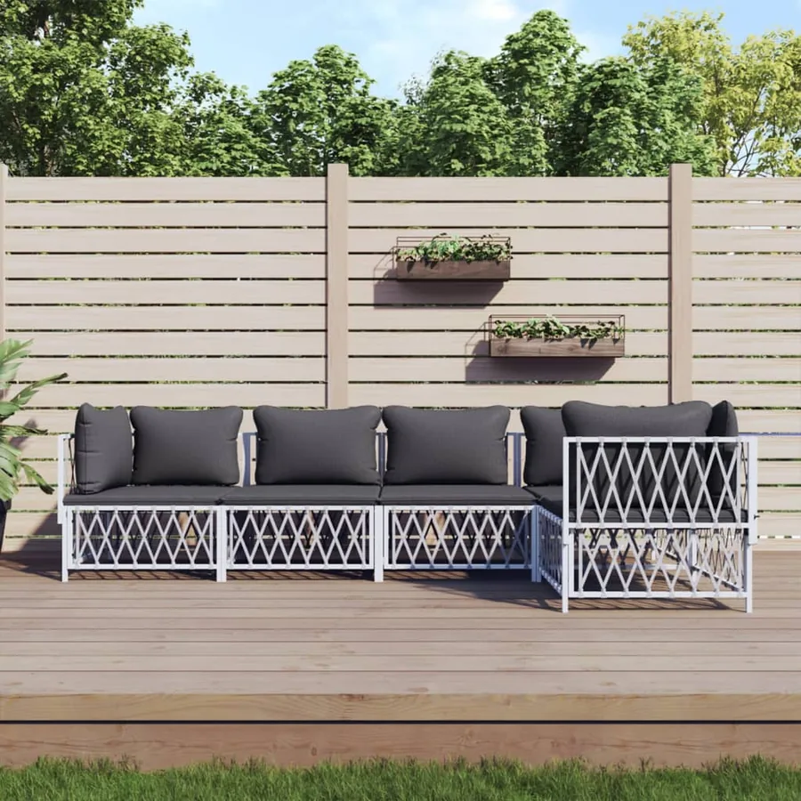 Salon de jardin avec coussins 5 pcs blanc acier