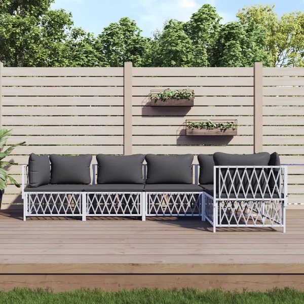 Salon de jardin avec coussins 5 pcs blanc acier