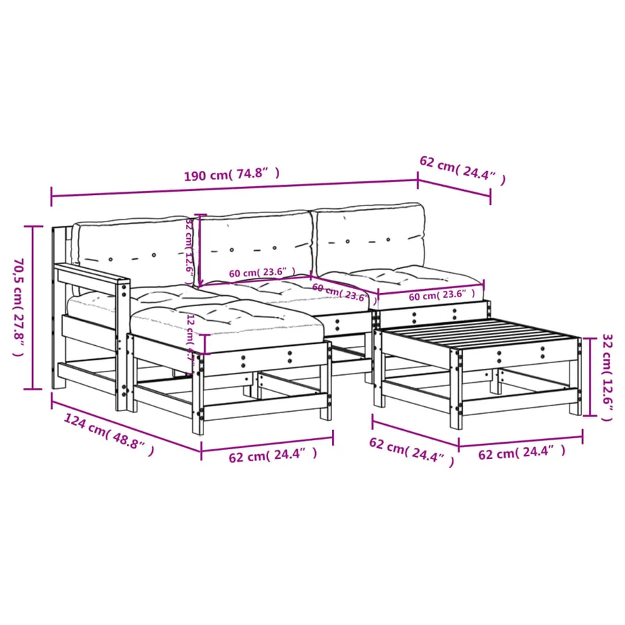 Salon de jardin 5 pcs avec coussins bois massif - 9