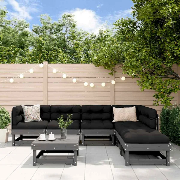 Salon de jardin 7 pcs avec coussins gris bois massif