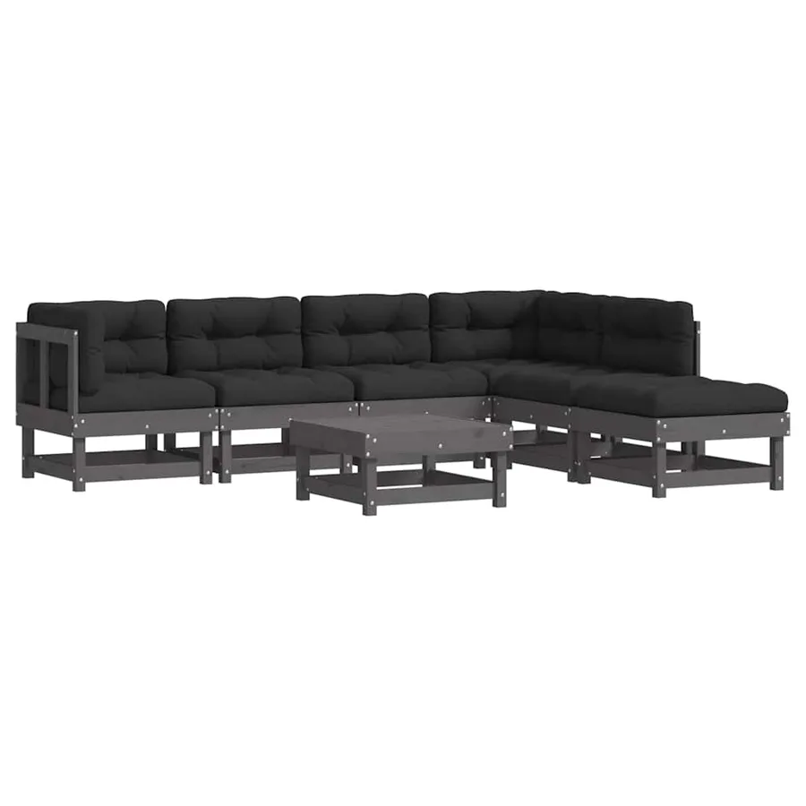 Salon de jardin 7 pcs avec coussins gris bois massif - 2