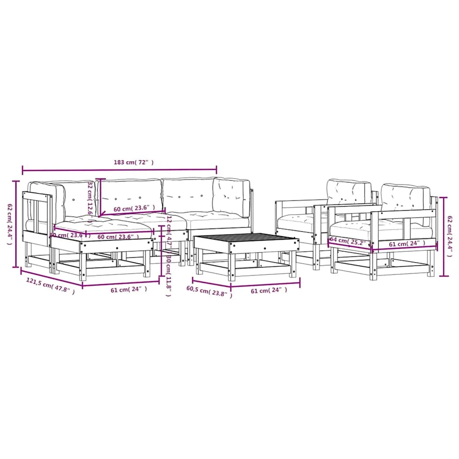 Salon de jardin 7 pcs avec coussins gris bois massif - 10