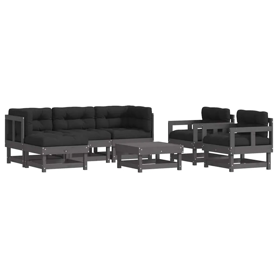 Salon de jardin 7 pcs avec coussins gris bois massif - 2