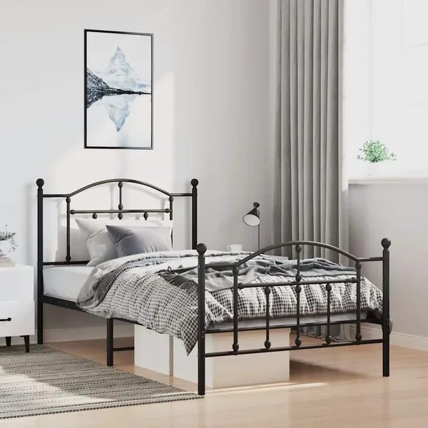 Cadre de lit métal sans matelas avec pied de lit noir 100x190cm