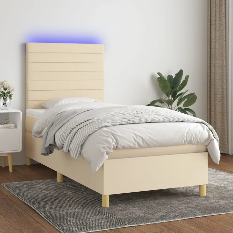 Sommier à lattes de lit et matelas et LED Crème 90x190 cm Tissu