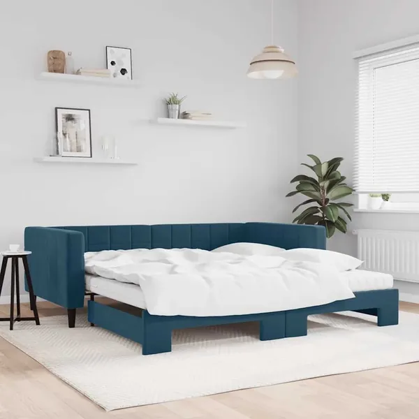 Lit de jour avec lit gigogne et matelas bleu 100x200 cm velours