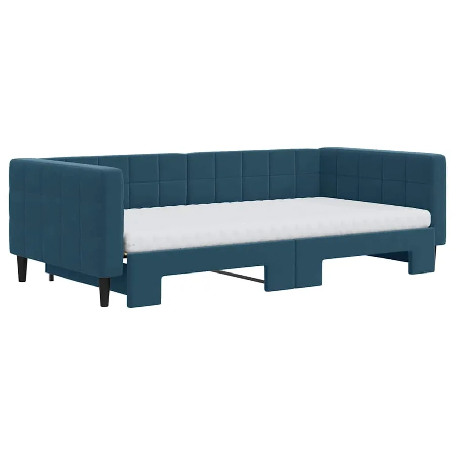 Lit de jour avec lit gigogne et matelas bleu 100x200 cm velours - 3