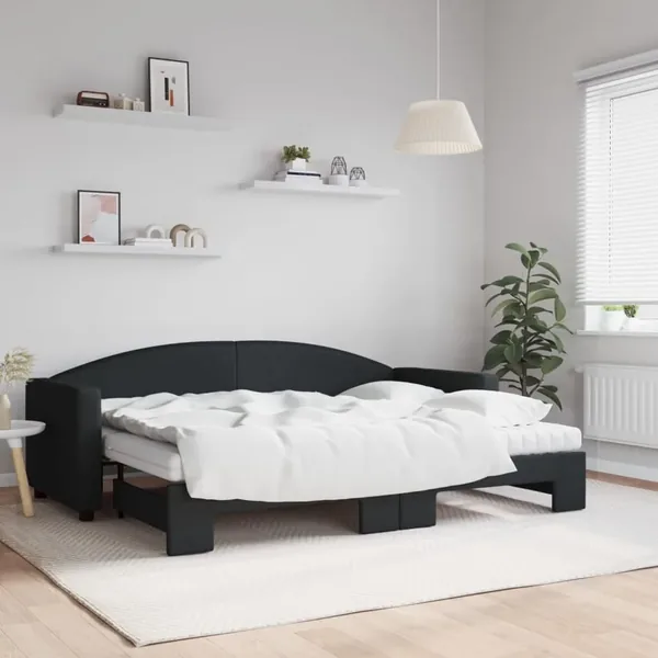 Lit de jour avec lit gigogne et matelas noir 80x200 cm tissu