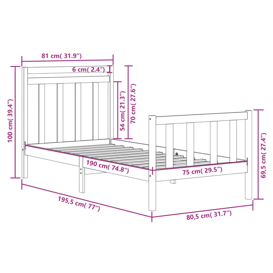 Cadre de lit sans matelas noir 75x190 cm bois massif - 6