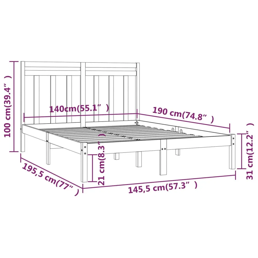 Cadre de lit sans matelas noir 140x190 cm bois massif - 6