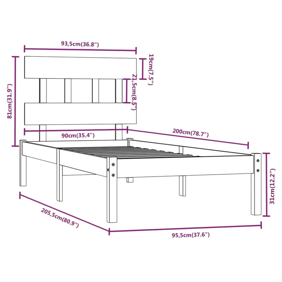 Cadre de lit sans matelas 90x200 cm bois massif - 6