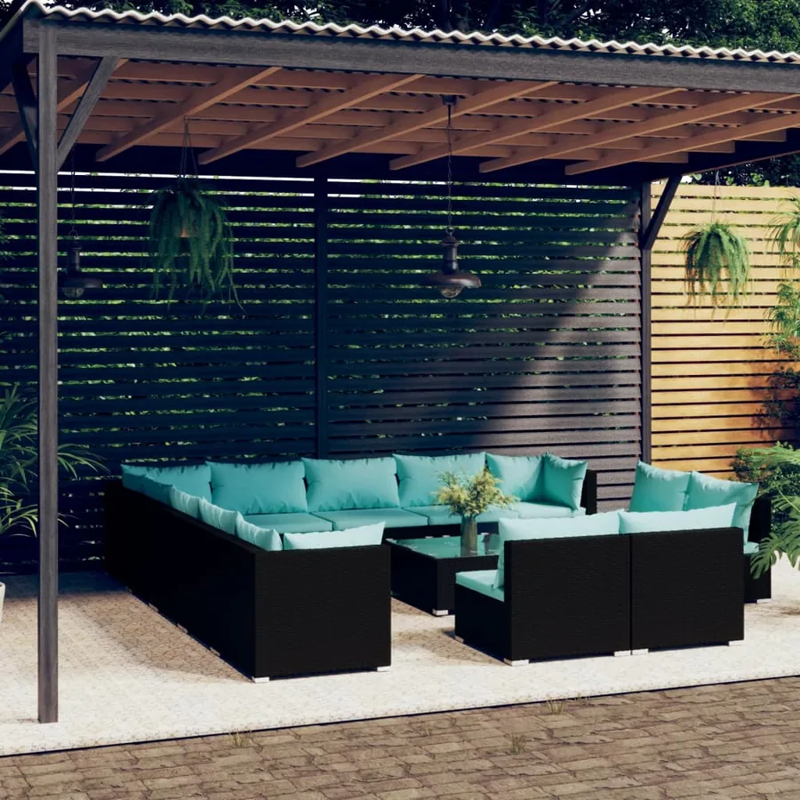 Salon de jardin 14 pcs avec coussins Noir Résine tressée