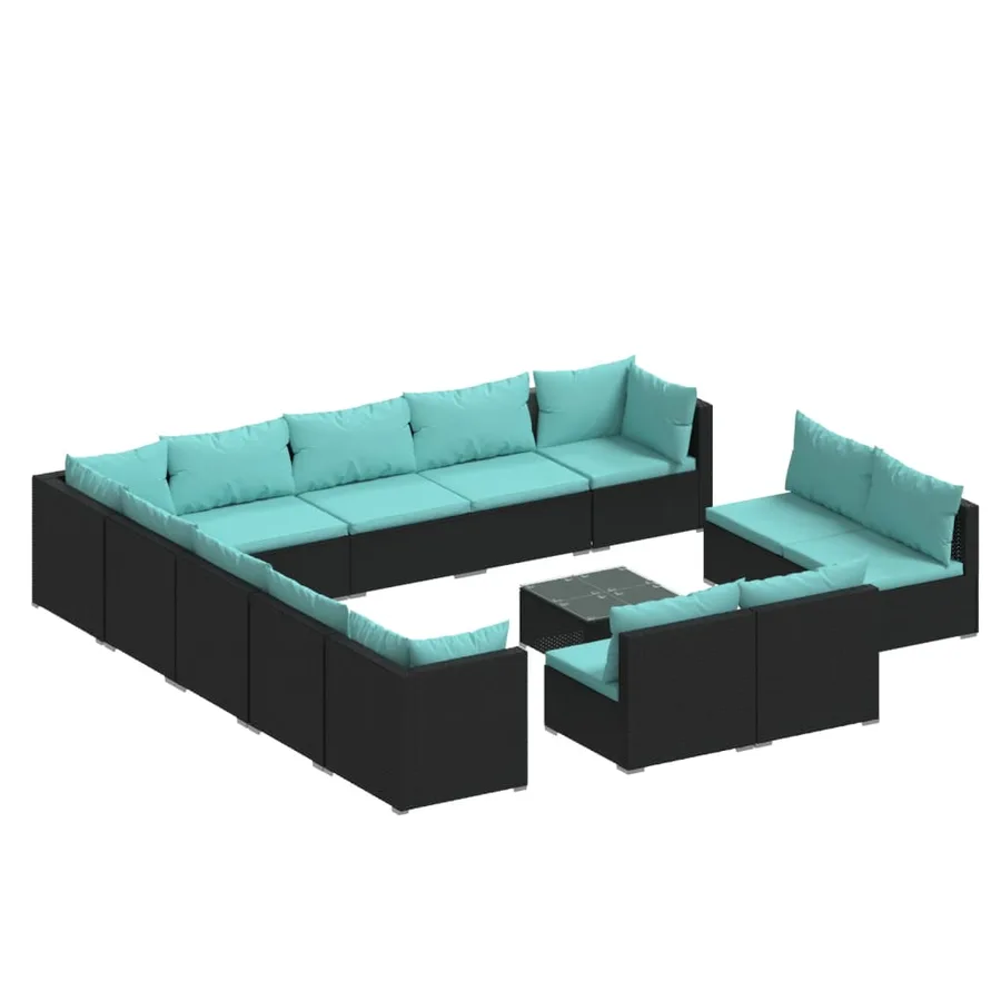 Salon de jardin 14 pcs avec coussins Noir Résine tressée - 2