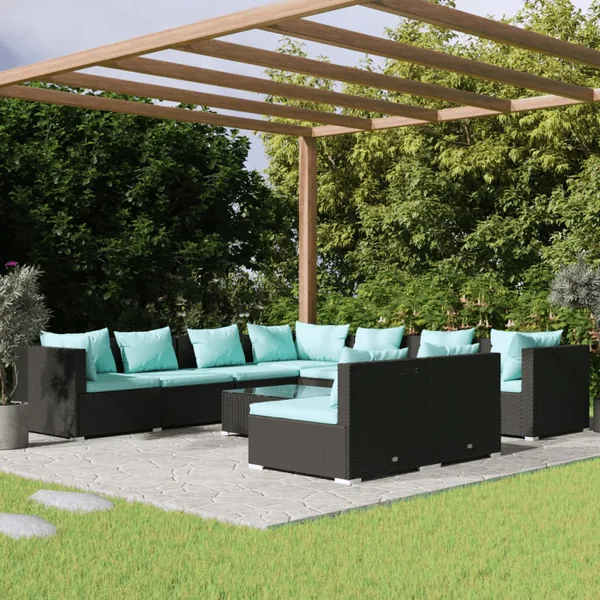 Salon de jardin 10 pcs avec coussins noir résine tressée