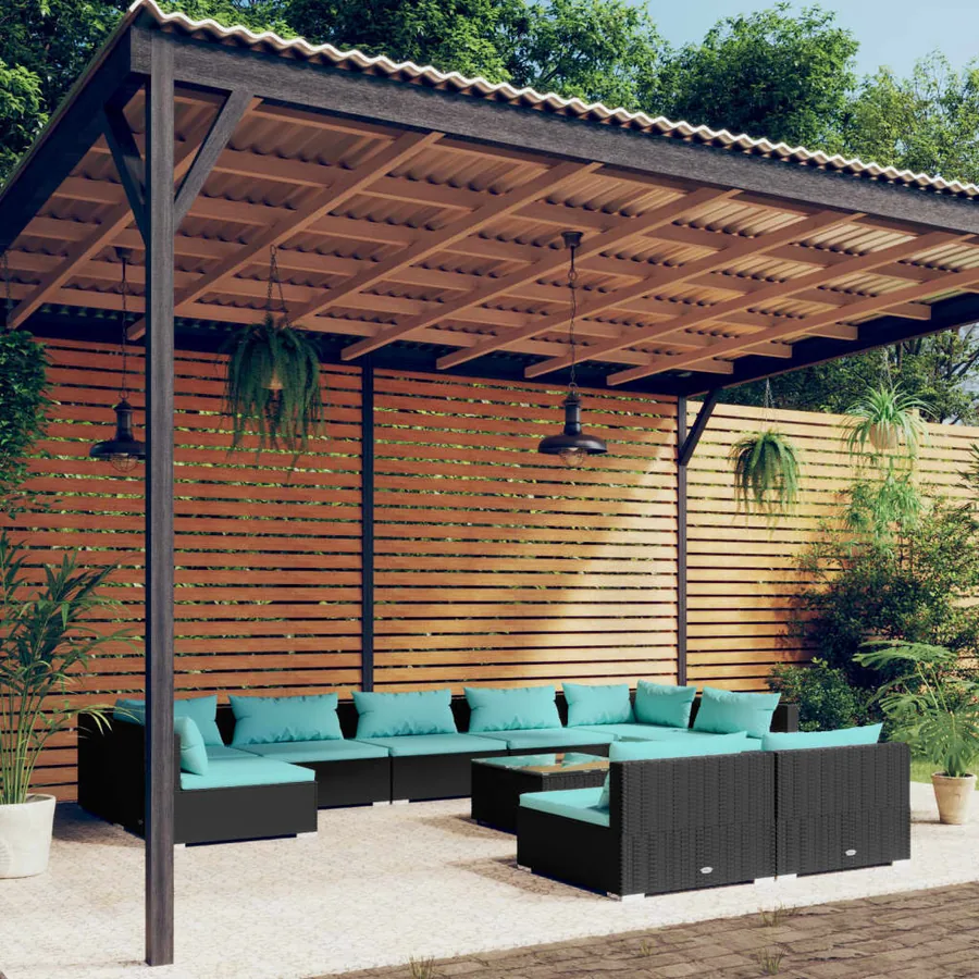 Salon de jardin 10 pcs avec coussins Noir Résine tressée