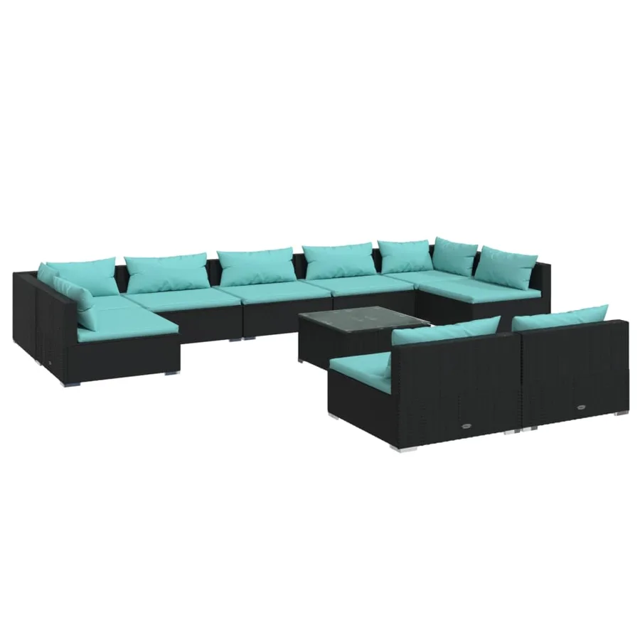 Salon de jardin 10 pcs avec coussins Noir Résine tressée - 2
