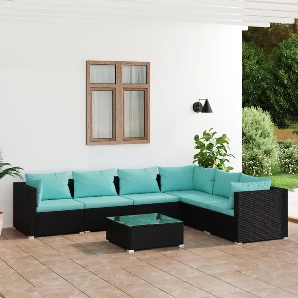 Salon de jardin 7 pcs avec coussins Résine tressée Noir