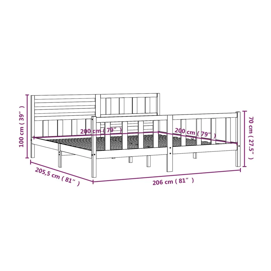 Cadre de lit sans matelas noir bois massif 200x200 cm - 10