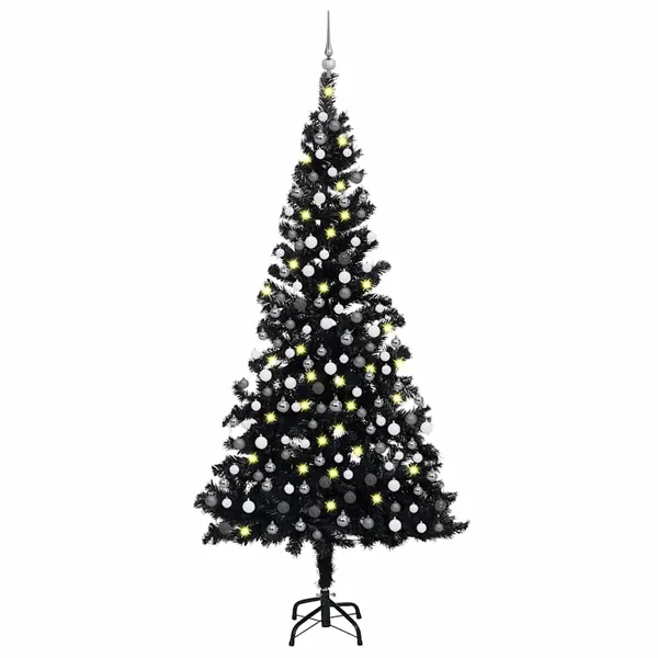 Arbre de Noël artificiel pré-éclairé et boules noir 210 cm PVC