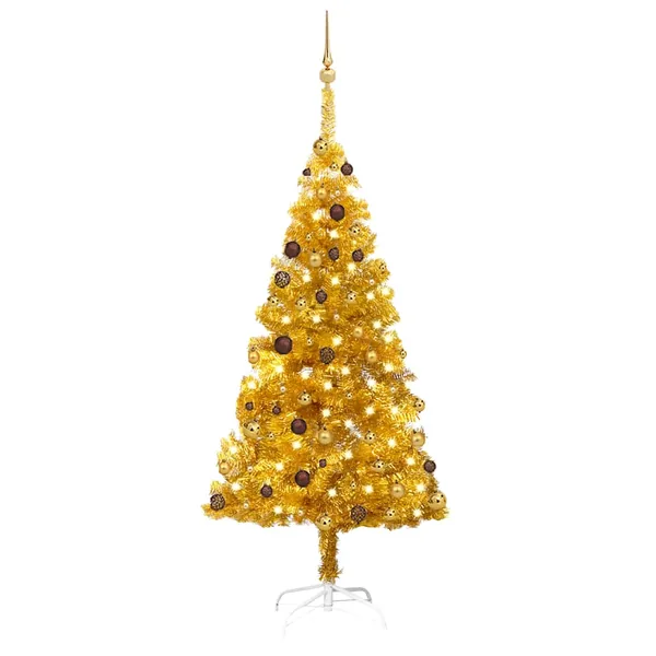 Arbre de Noël artificiel pré-éclairé et boules doré 180 cm PET