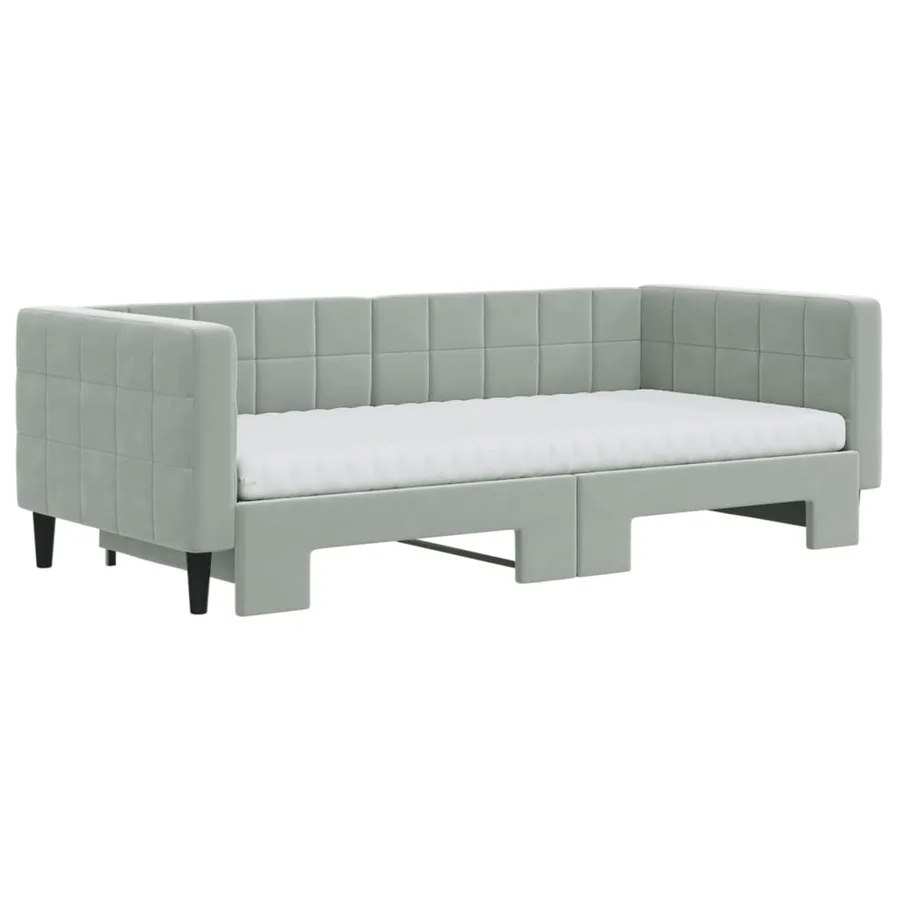Lit de jour avec gigogne et matelas gris clair 90x190cm velours - 3
