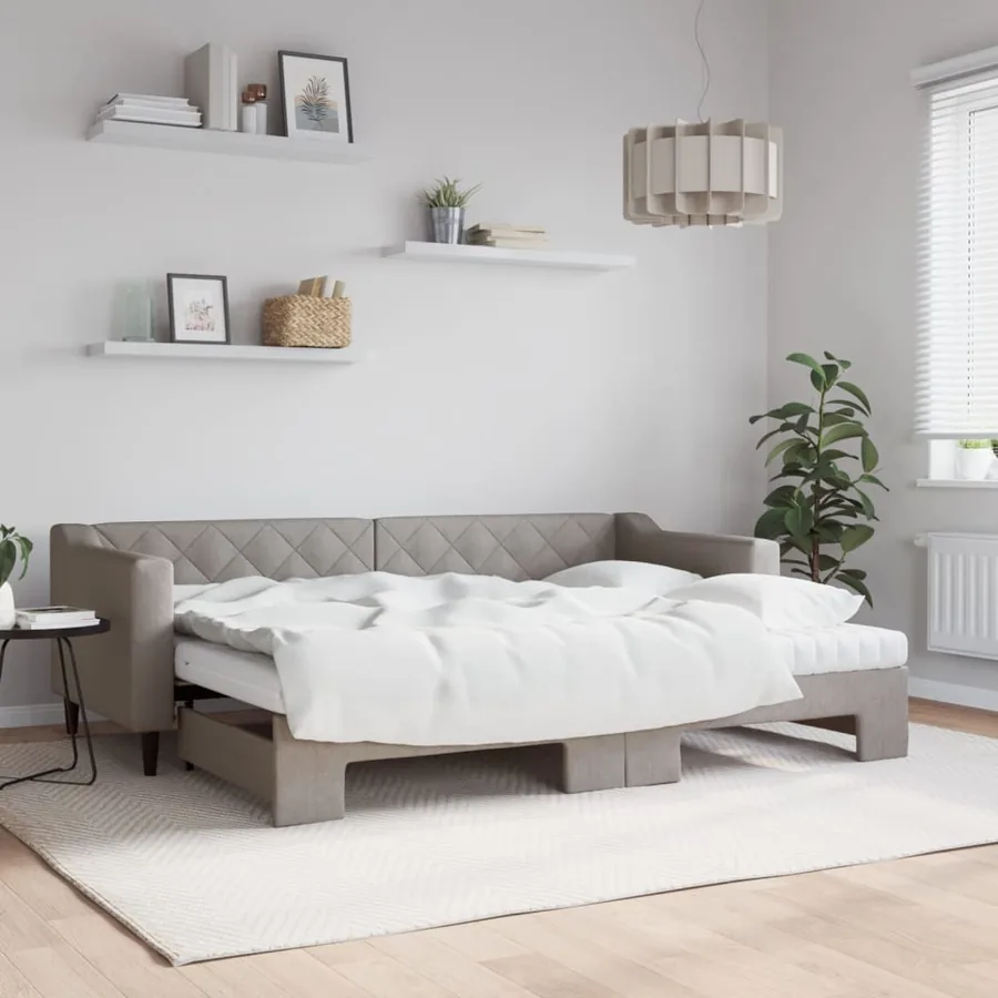Lit de jour avec gigogne et matelas taupe 80x200 cm tissu