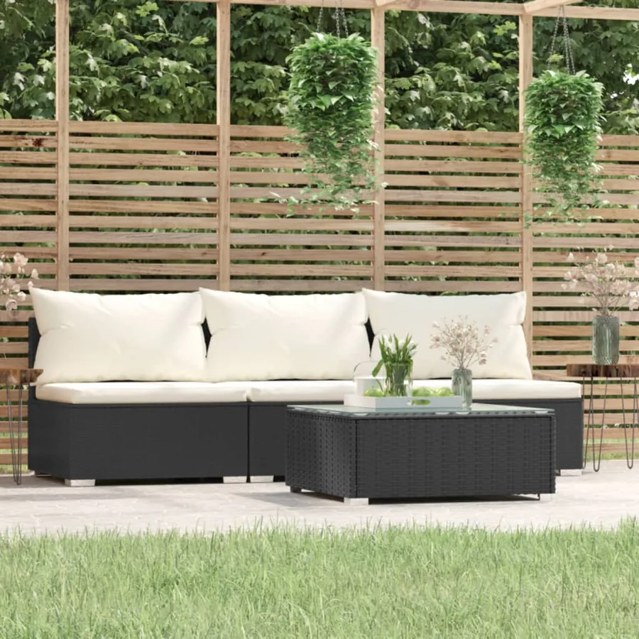 Salon de jardin 4 pcs avec coussins Noir Résine tressée