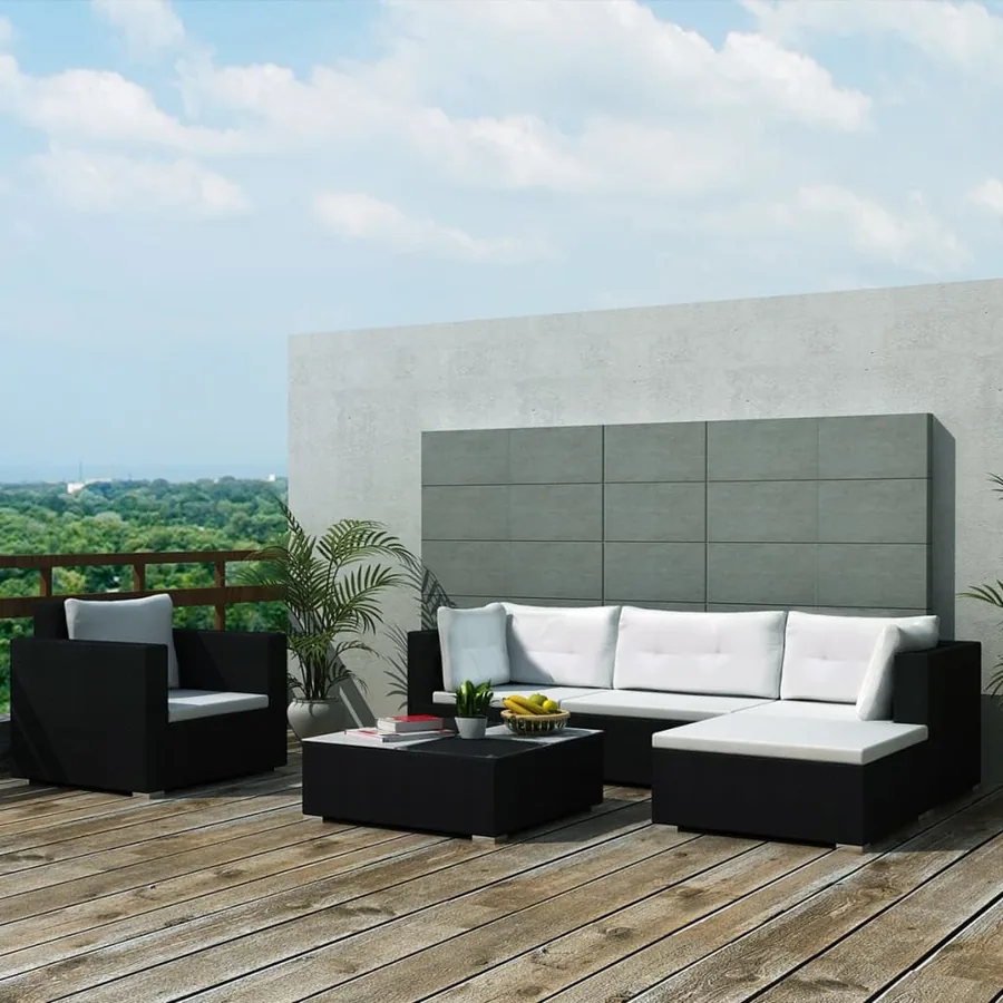 Salon de jardin 6 pcs avec coussins résine tressée noir