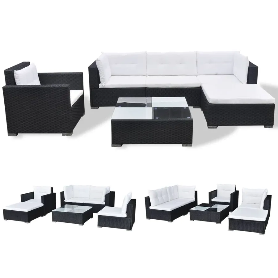 Salon de jardin 6 pcs avec coussins résine tressée noir - 2