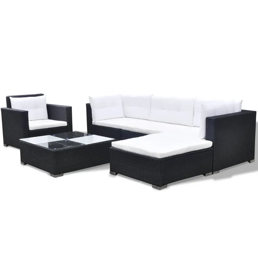 Salon de jardin 6 pcs avec coussins résine tressée noir - 4