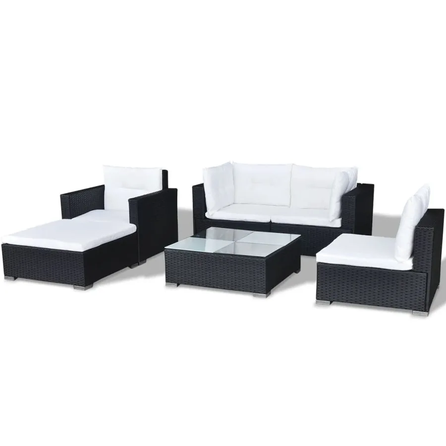 Salon de jardin 6 pcs avec coussins résine tressée noir - 6