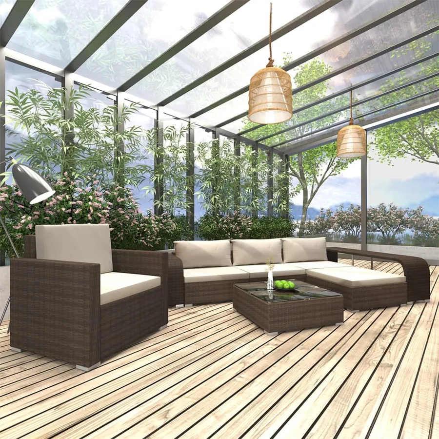 Salon de jardin 8 pcs avec coussins résine tressée marron