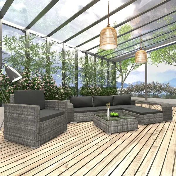Salon de jardin 8 pcs avec coussins résine tressée gris