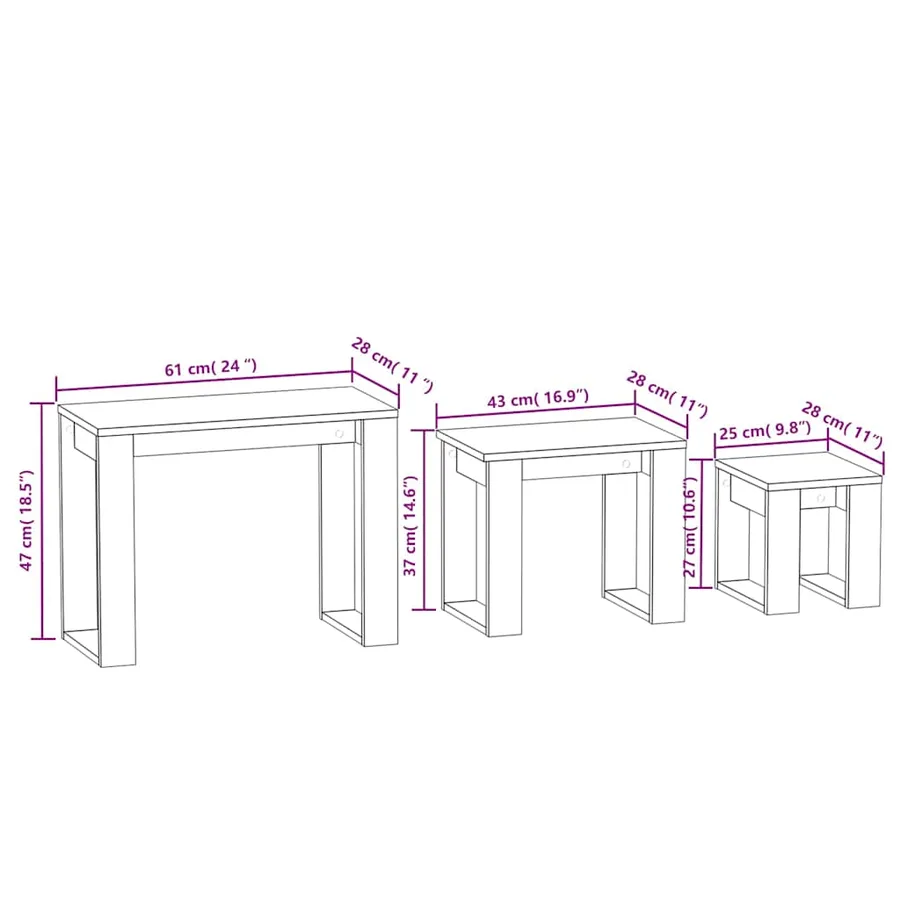 Tables gigognes 3 pcs Sonoma gris Bois d'ingénierie - 9