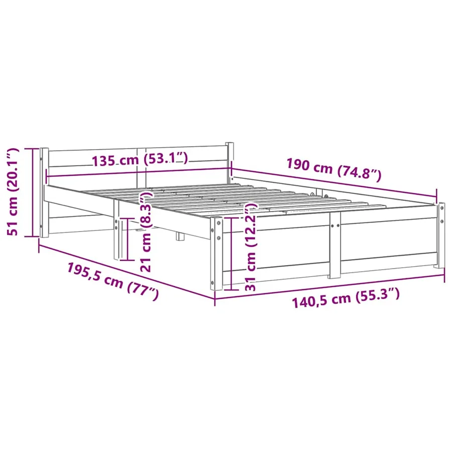 Cadre de lit sans matelas blanc bois massif 135x190 cm - 9