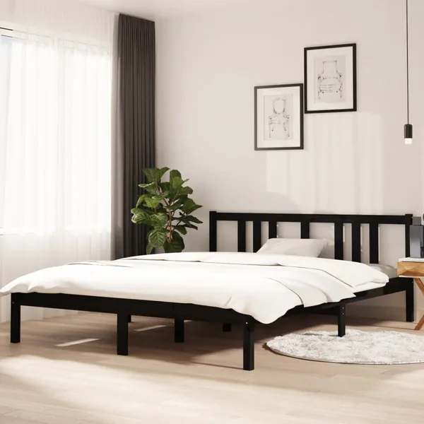 Cadre de lit sans matelas noir bois massif 150x200 cm