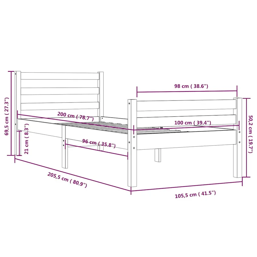 Cadre de lit sans matelas gris bois massif 100x200 cm - 10