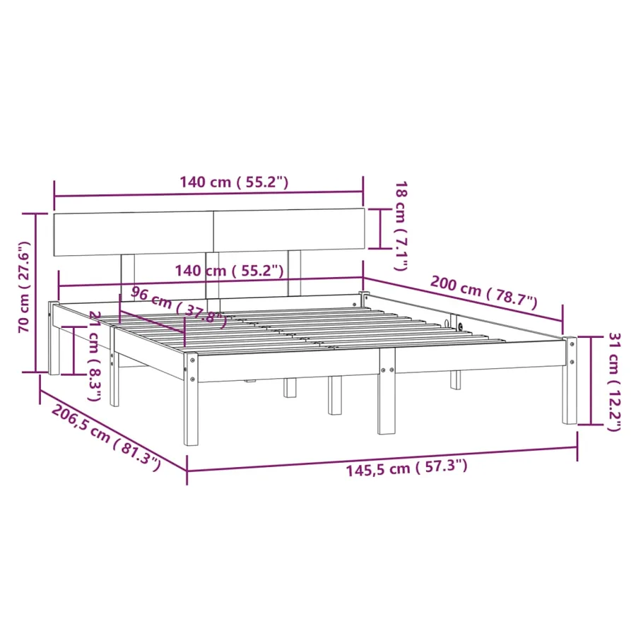 Cadre de lit sans matelas noir bois massif 140x200 cm - 9