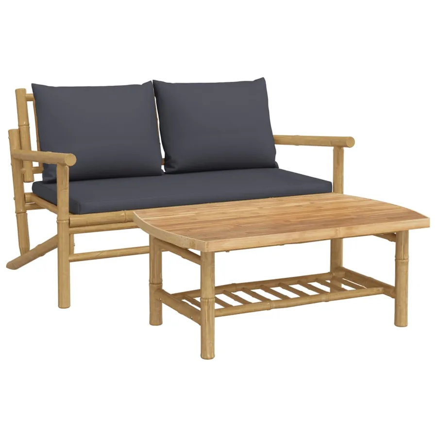 Salon de jardin 2 pcs avec coussins gris foncé bambou - 2
