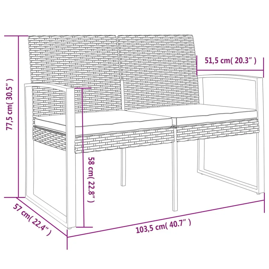 Banc de jardin à 2 places avec coussins marron PP rotin - 7