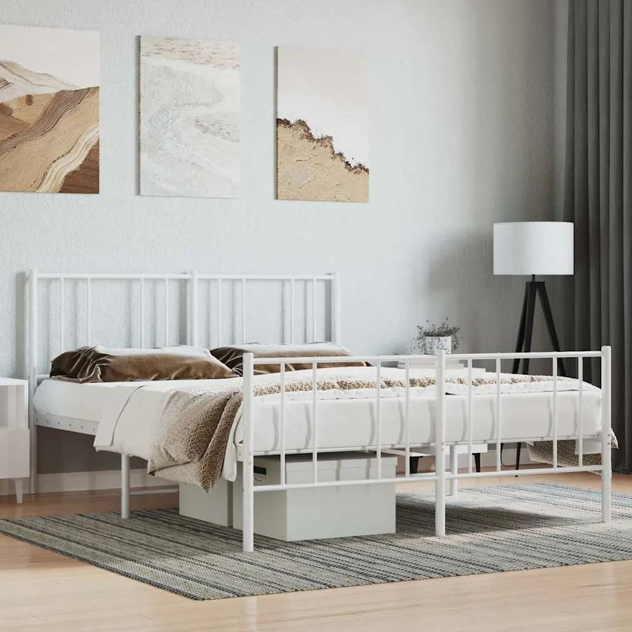 Cadre de lit métal sans matelas et pied de lit blanc 140x190 cm
