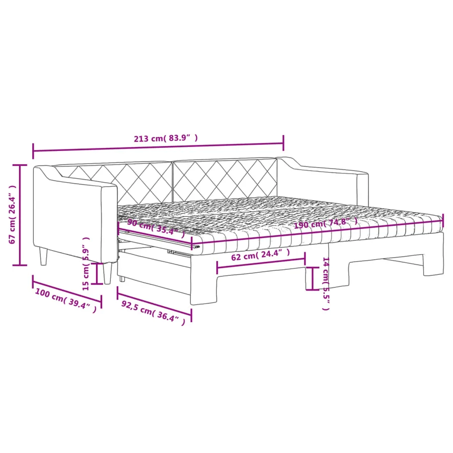 Lit de jour avec gigogne et matelas gris clair 90x190 cm tissu - 12
